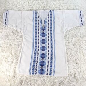 Women's White Blue Embroidered V Neck Tunic Top Boho Cottagecore Festival XS
